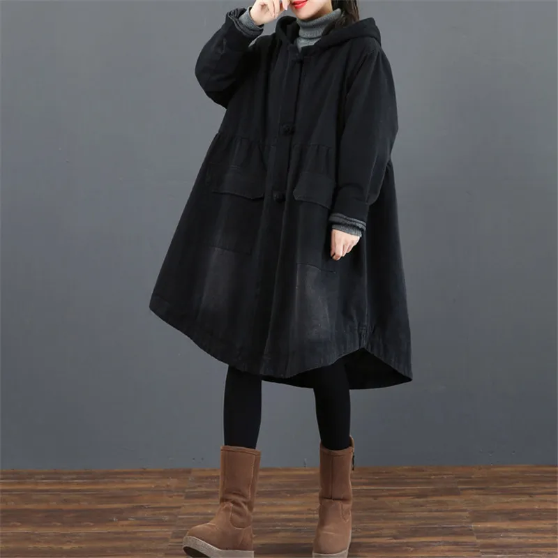 2019 New Women Denim Jacket Elegant Color Matching Thicken Outerwear Large Size Loose Retro Three Buckles Hooded Coat Lj280