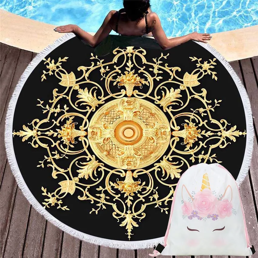 

Round Summer Mandala Beach Towels Flower Geometric Yoga Mat Seaside With Drawstring Backpack Bag Blanket Bath Towel With Tassels