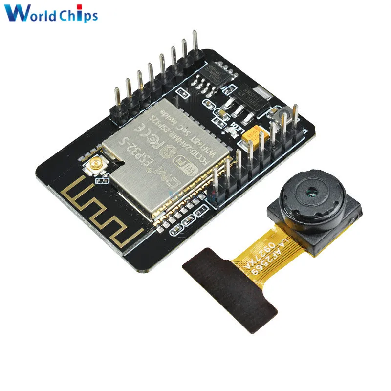 Vue de face du module ESP32-CAM OV2640 2MP avec connecteur antenne et slot carte microSD
