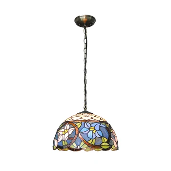 

European Vintage Blue Flowers Pattern Pendant Lights 1 Light Retro Tiffany Stained Glass Living Room Bedroom Hanging Lamp PL720