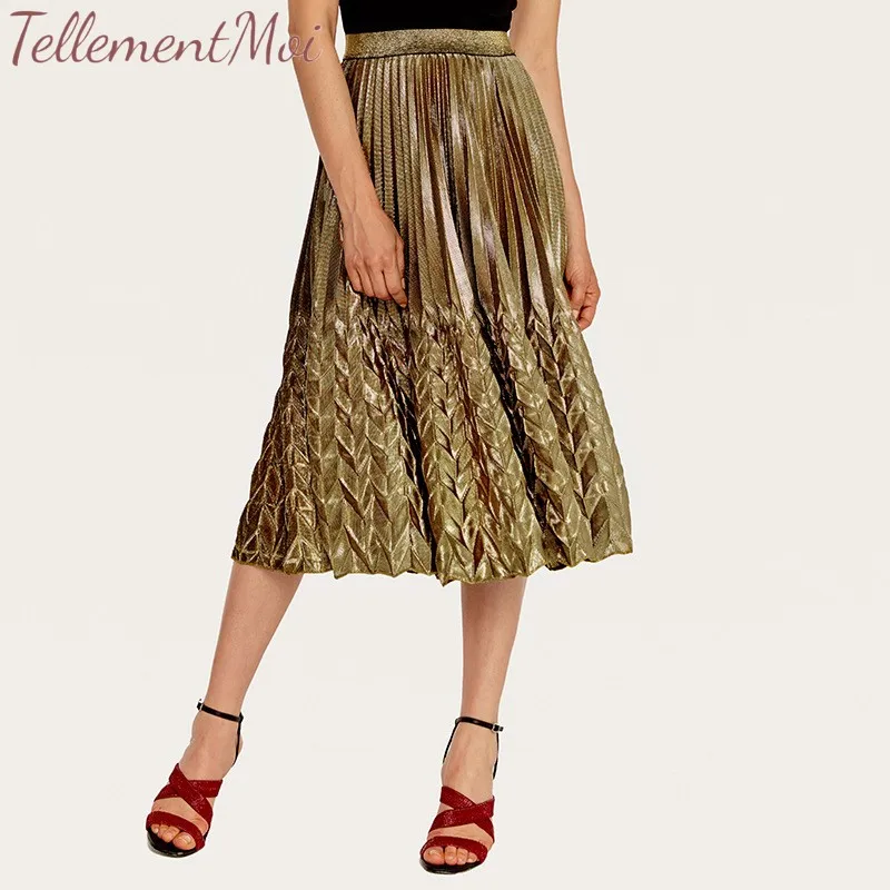 

A-Line Pleated Skirt Casual High Waist Premium Metallic Shiny Shimmer Accordion Swing Midi Skirts For Women 2019 Spring Summer