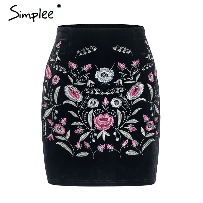 Женская юбка-карандаш Simplee с высокой талией, винтажная короткая юбка с вышивкой на осень, шикарная привлекательная мини-юбка в стиле бохо - Цвет: Черный