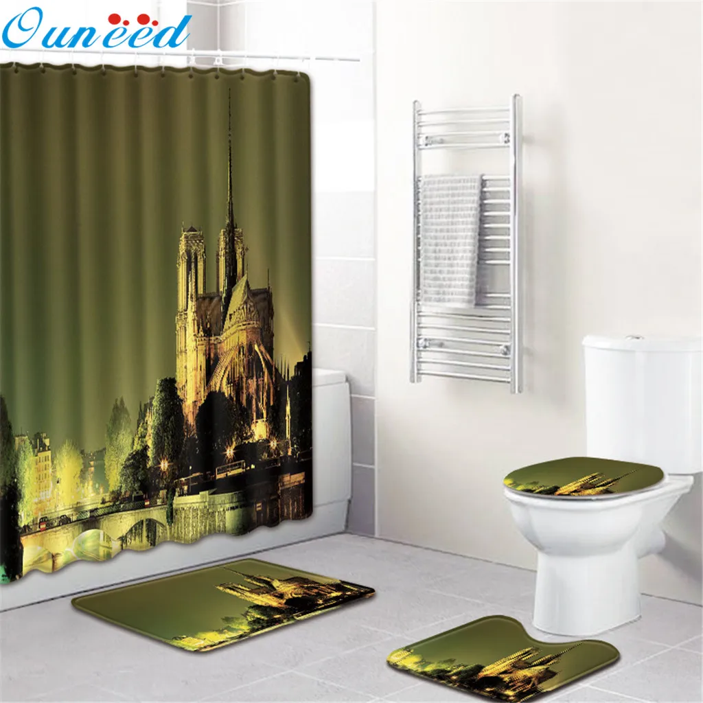 

Ouneed 4 PCS Notre Dame de Paris Shower Curtains set Anti-slip Toilet Polyester Cover Mat Set Bathroom Shower Curtains drop ship