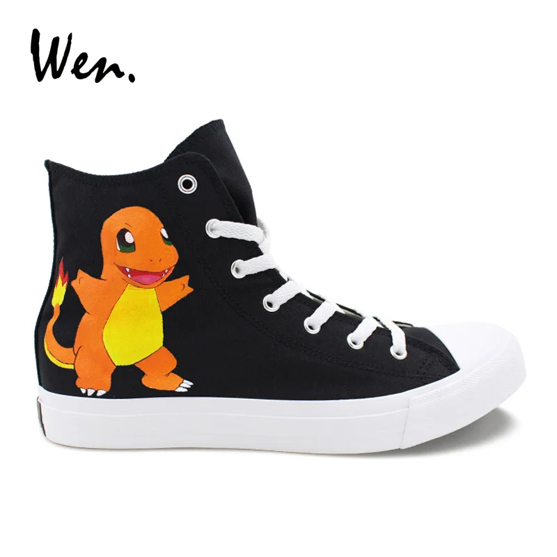 Wen Sneakers Men Hand Painted Shoes Pokemon Charmander Design Black
