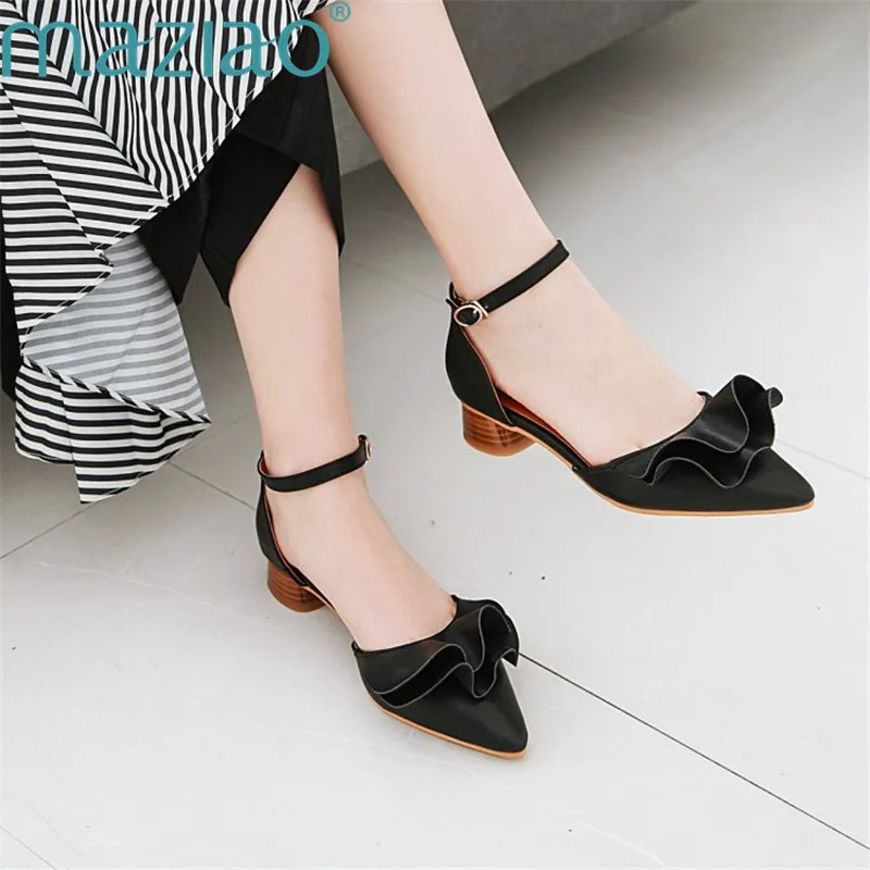 

Ladies Shoe Pointed Toe Flowers Vintage Thick Heels Rubber Low Heel Fashion Party Shoes Women Heels MAZIAO
