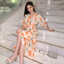 Летнее шифоновое женское платье с цветочным принтом, офисное элегантное женское винтажное пляжное платье для отдыха, тонкое Ретро повседневное корейское подиумное платье