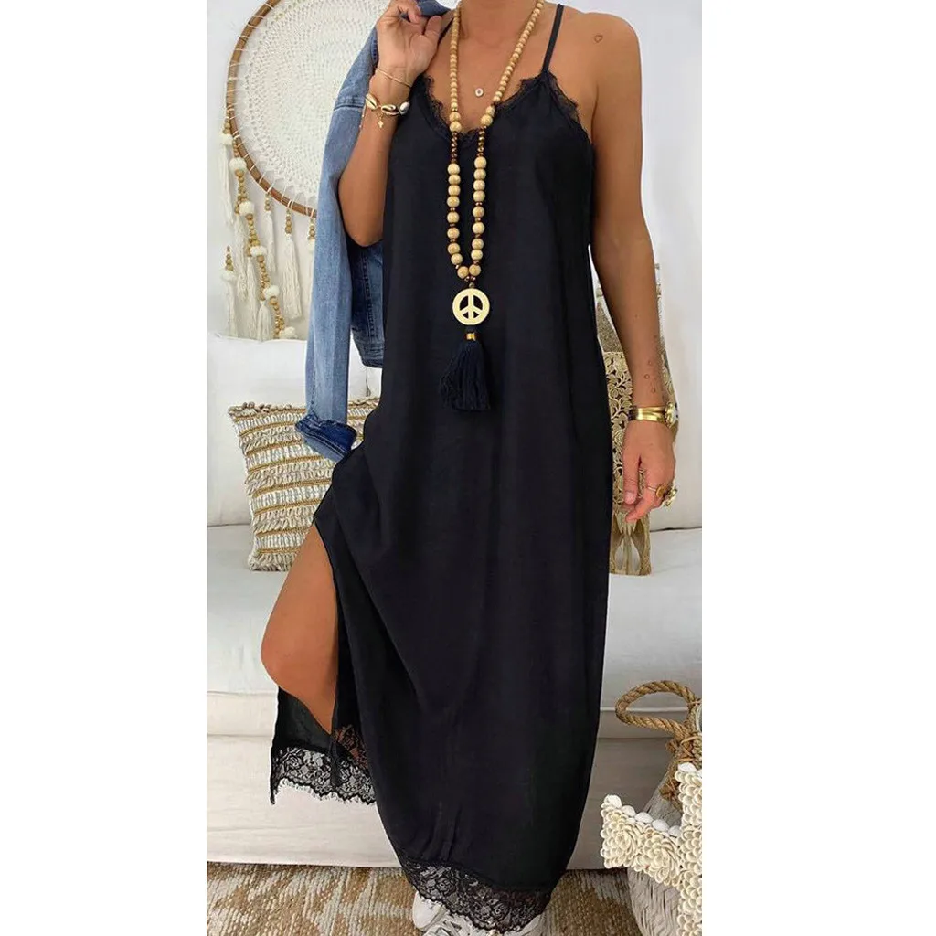 

Feitong Ladies Sexy Lace Spaghetti Strap Long Dress Women Summer Sling Solid Party Dress Vestidos Verano 2019 Robe Longue Femme