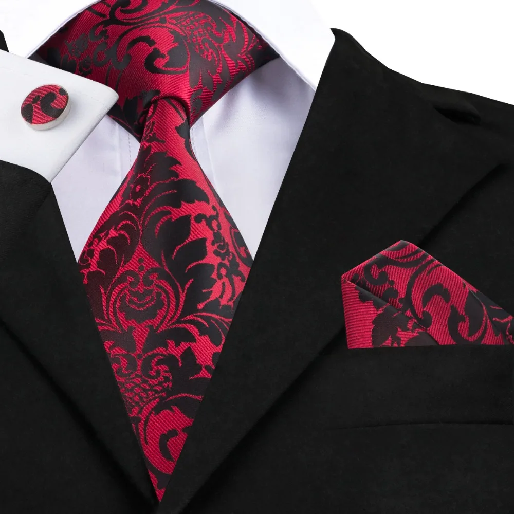 USA Classic Floral Mens Tie Black Red Silk Necktie Hanky Cufflinks Wedding 348 