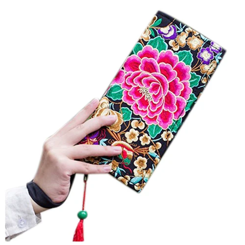 

FGGS-Hot New Embroidered Wallet Purse Handmade Ethnic Flowers Embroidery Women Long Wallet Day Clutch HandBag