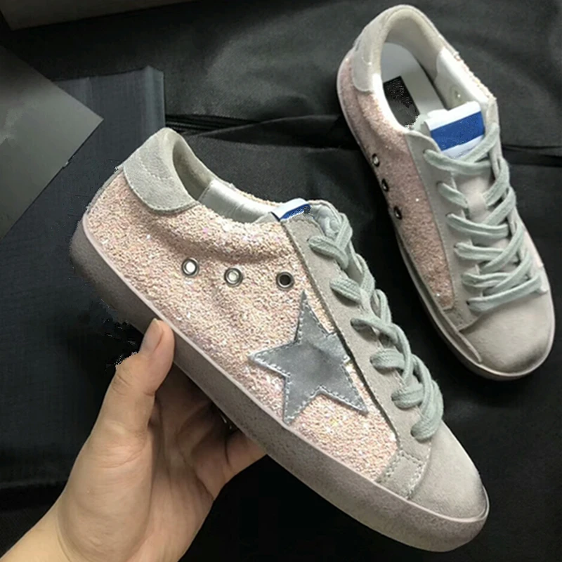 

Bling Bling Sequined Cloth Women Loafers Pink Super Star Round Toe Lace Up Casual Shoes Gladiator Trianers Sneakers Dirty Shoes