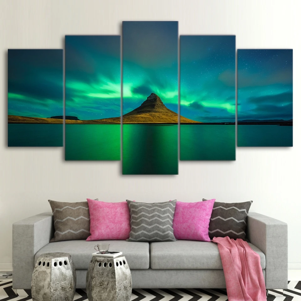 

Canvas Wall Art Pictures Home Decor For Living Room 5 Pieces Iceland Aurora Paintings Modular HD Prints Volcano Poster Framework