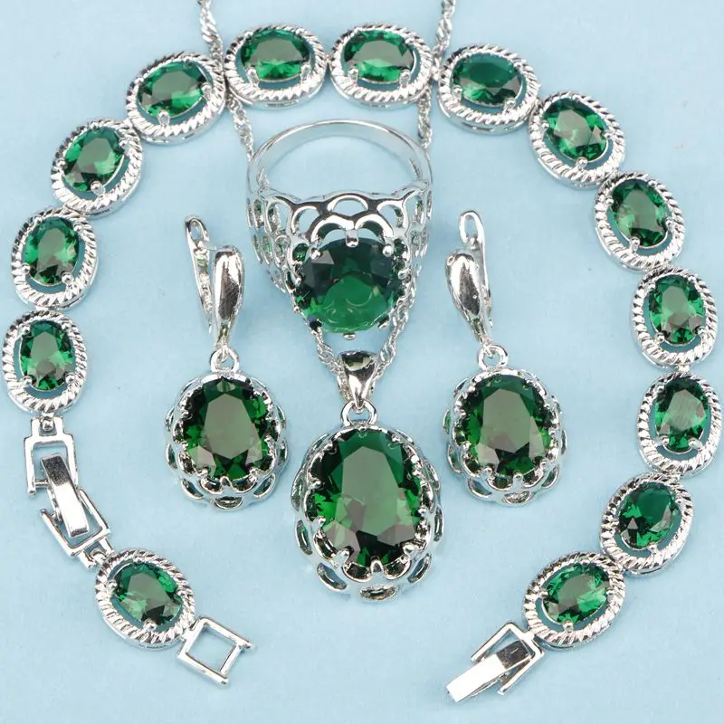 Зеленый имитированный Изумрудный фианит 925 пробы Серебряные Ювелирные наборы для женщин серьги/кулон/ожерелье/кольца/браслеты - Окраска металла: 4PCS