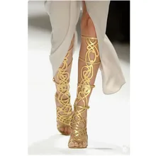 Luxury Gold Summer Gladiator Knee High Boots Lady Cut-Out Open Toe Sandals long Boots Design Runway Party Dress Shoes Women 2020 цена Luxury Gold Summer Gladiator Knee High Boots Lady Cut-Out Open Toe Sandals long Boots Design Runway Party Dress Shoes Women 2020 цены онлайн