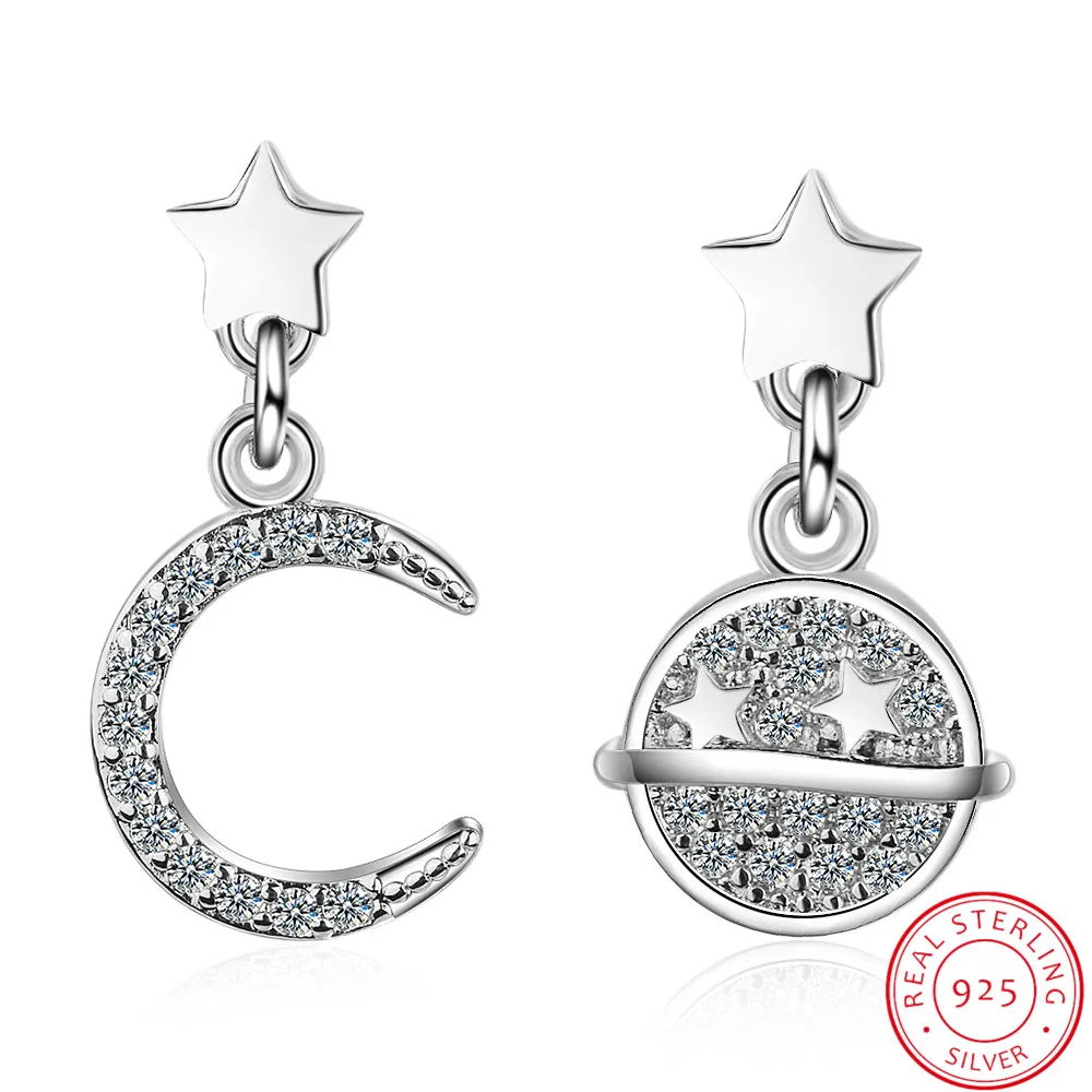 

2019 Korean fashion 925 Sterling Sliver small mini cute luxury Moon Star CZ Stud Earrings for Women female studs Silver Jewelry
