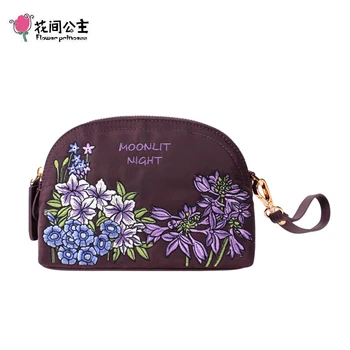 

Flower Princess Embroidery Women Handbags Nylon with Genuine Leather Shell Bag Female Small Clutch Bags Fashion Purse Phone Bag