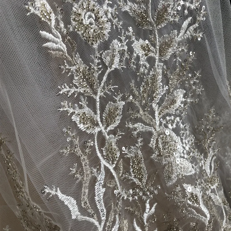 SASKIA 1 ярд высокое качество ручной работы бисером свадебная ткань 4" Ширина цвета слоновой кости свадебное платье кружевная ткань сетка вышивка блесток ткани
