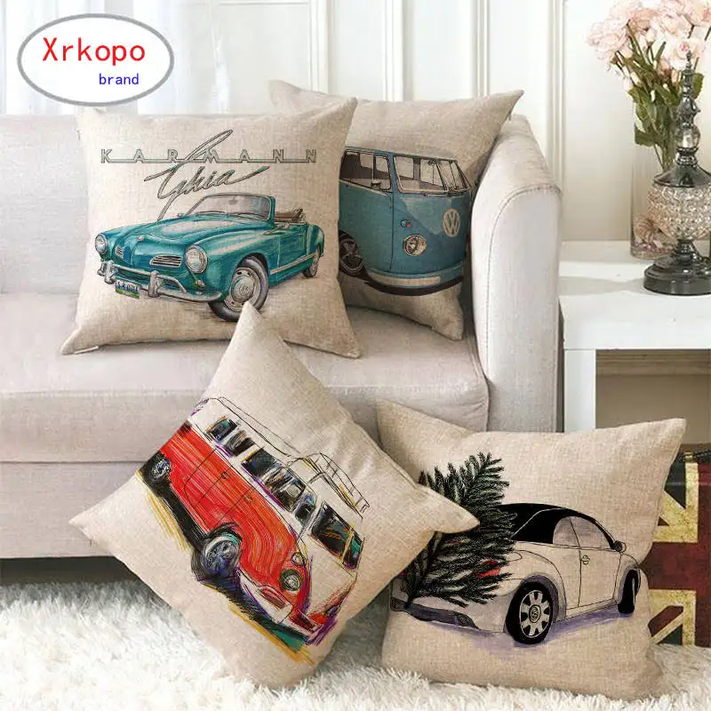 45cm*45cm watercolor retro bus and car linen/cotton throw pillow covers couch cushion cover home decor pillow