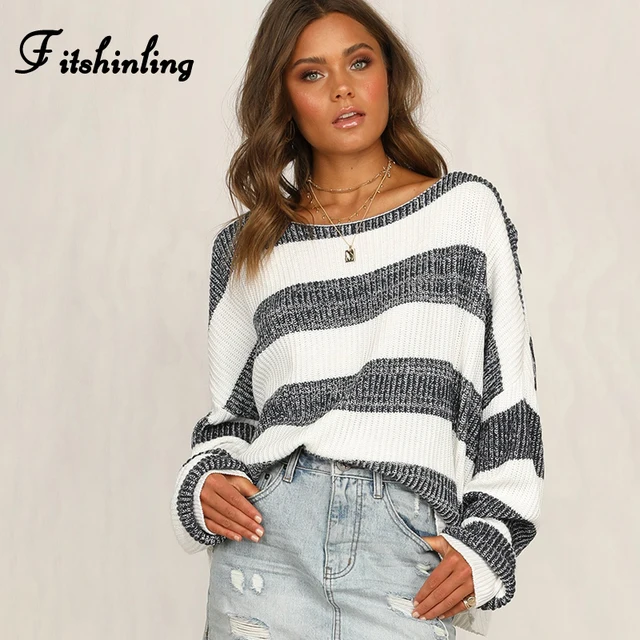 US $16.16 Fitshinling Big Size Loose Women Sweaters And Pullovers Knitwear White Grey Striped Women's Jumper 