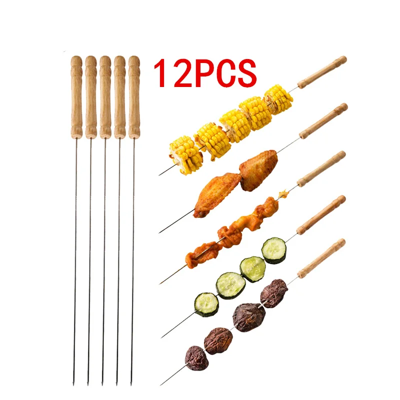 12 개 스테인레스 스틸 바베큐 꼬치 바베큐 그릴 케밥 바늘 스틱 나무 손잡이 주방 바늘 야외 LK0030