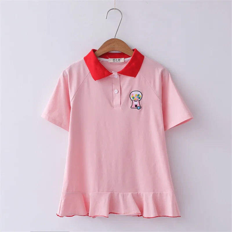 

Merry Pretty Kawaii Turn-down Collar T-shirt Tops Harajuku Girls Tops Sweet Ruffles Casual Embroidery Preppy Chic Women T-shirts