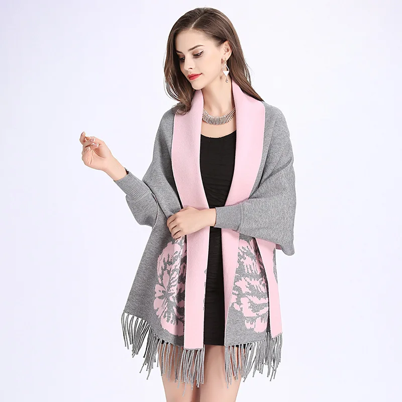 

SC143 2019 Oversize Double Side Scarf Winter Knitted Floral Poncho Women Print Designer Female Long Sleeves Wrap Two Color Shawl
