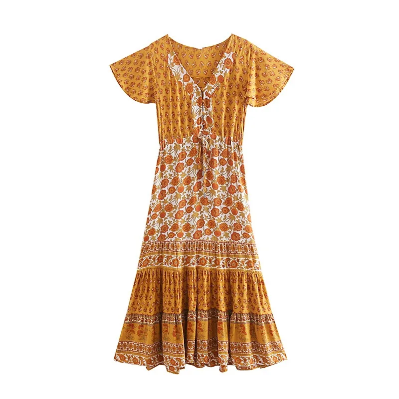 Новое богемное платье с цветочным принтом и коротким рукавом, этническое женское платье с завышенной талией, ТРАПЕЦИЕВИДНОЕ длинное пляжное платье