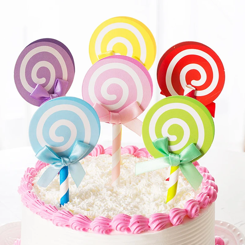 Lollipop Shaped Birthday Insert Cards Party 6PCS/Set Candy Color Bowknot Festival Decoration Cake Decorations