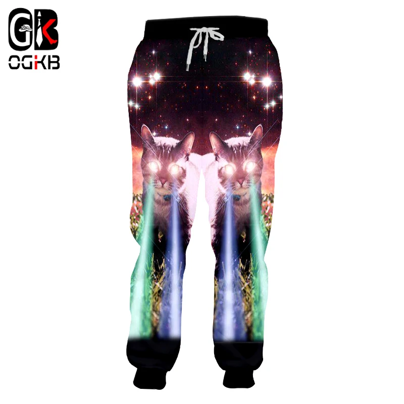 

OGKB New Arrival Men's Funny Print Galaxy Space 3D Sweatpants Cat Flash Light Sweat Pants Male Hiphop Loose Joggers Haren Pants