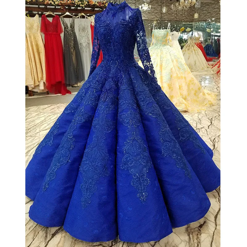 Royal Blue Arabic Evening Dresses Long 2019 Floor Length Beaded Appliques Ball Gown Party Formal Dress Muslim Real Pictures