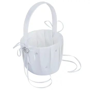 

Double Heart Wedding Flower Girl Basket Rhinestone Decor White