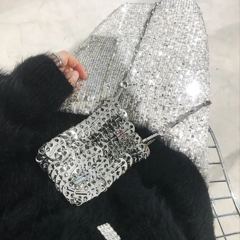 Luxury Designer Women Bags Pure Metal Sequins Chain Woven Bag Hollow Evening Bags Clutch Female Travel Holiday Shoulder Bag