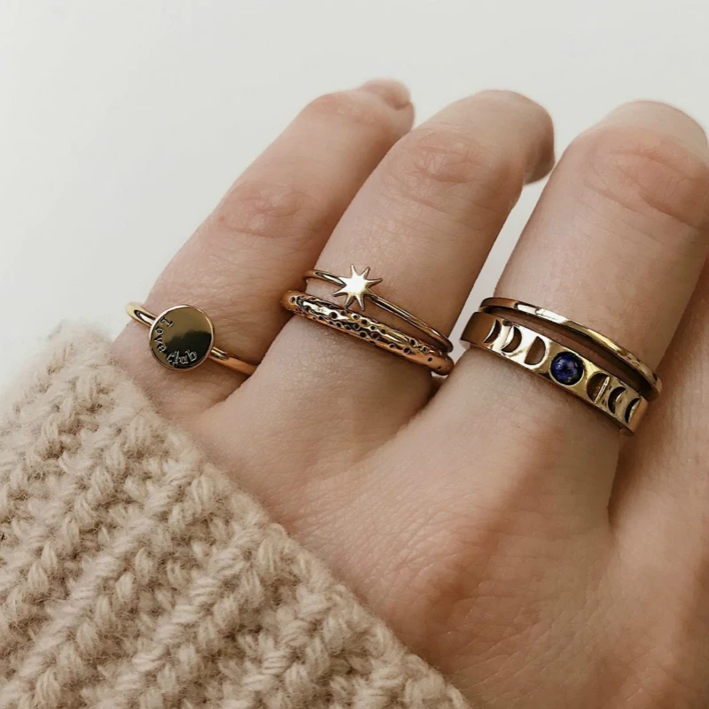 

New Ring Popular Fashion Simple Retro Star Awn Moon Letters Women's Ring Combination Simple Elegant Hot Sell Jewelry Wholesale