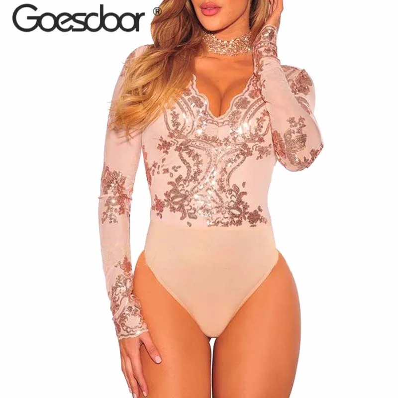 GOESDOOR Sexy Mesh Patchwork Sequin Women Bodycon Rompers