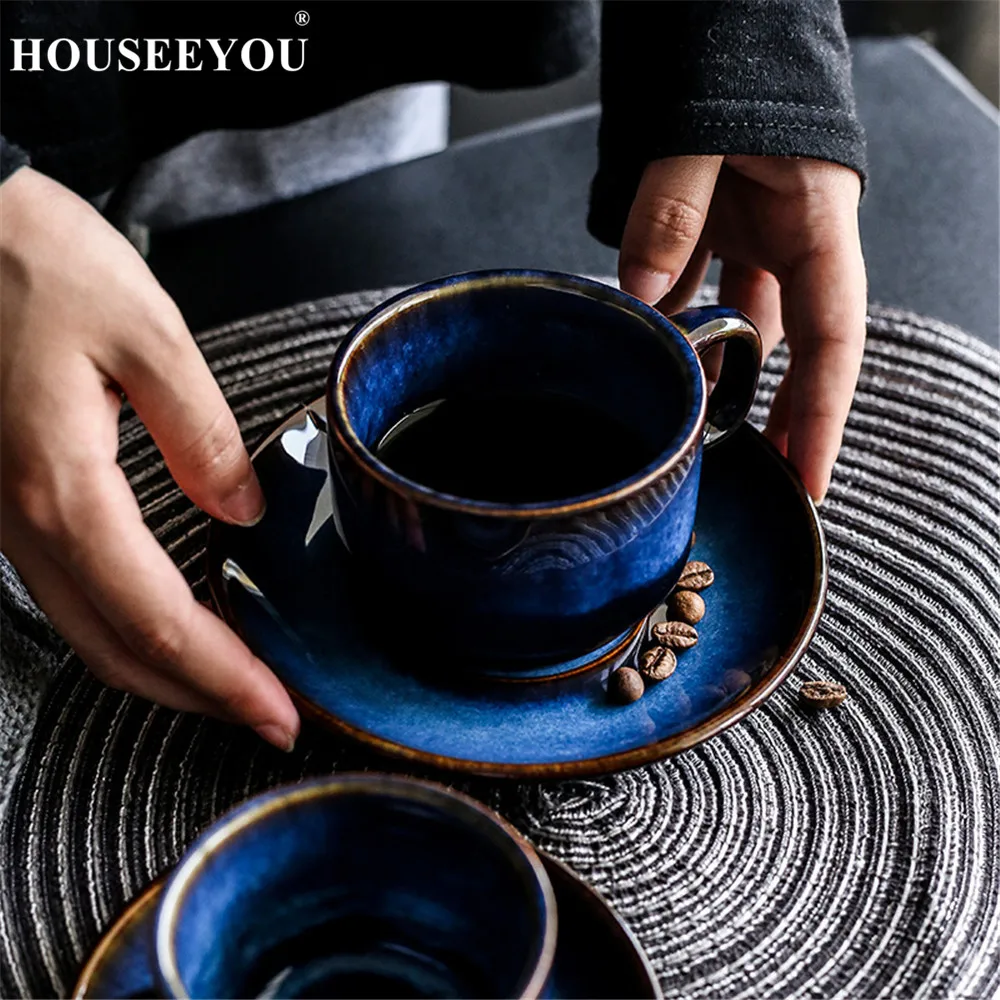 Houseeyou Deep Blue Ceramic Coffee Cup Saucer Set Teacup Breakfast Houseeyou Deep Blue Ceramic Coffee Cup
