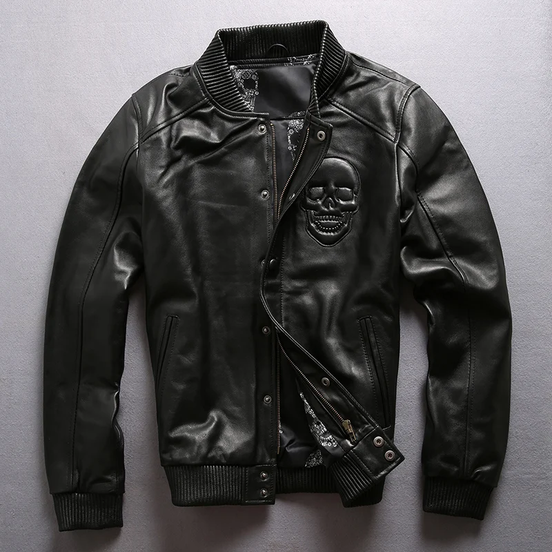 Новый для мужчин овчины куртка Винтаж бренд мягкой натуральной Кожаные куртки для мотоцикла Байкер Большой размеры черная