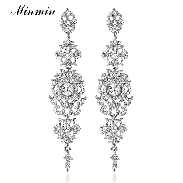 Minmin Silver Color Crystal Chandelier Wedding Long Earrings For Minmin Silver Color Crystal Chandelier Wedding Long Earrings For Women Brides Bridesmaid Christmas Gift Fashion Jewelry
