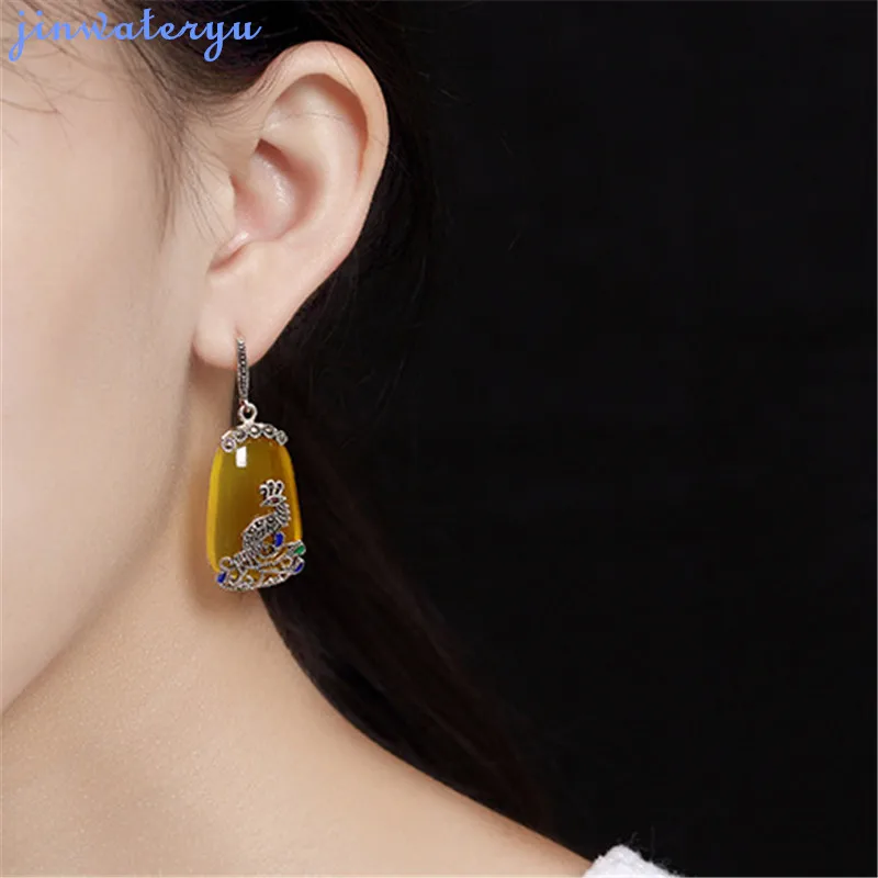 Jinwateryu, 925 пробы, silve earringsr, для женщин, девочек, висячие серьги с желтым камнем, халцедон и кубический циркон, серьги