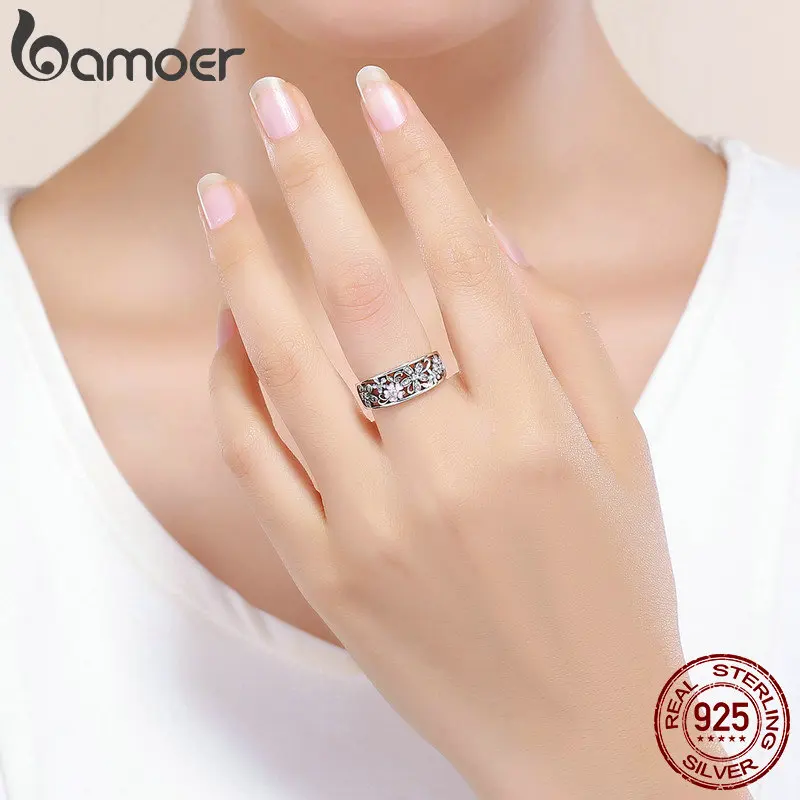 BAMOER Fashion 925 Sterling Silver Daisy Flower & Infinity Love Pave Finger Rings for Women Wedding Engagement Jewelry SCR390