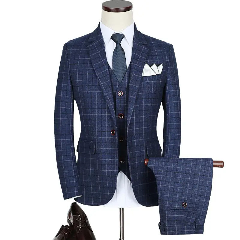 

3 Pcs Set ( Jacket + Vest + Pants ) 2019 Newest Men's Smart Casual Plaid Suit / Groom Wedding Dress Formal High Grade Mens Suit