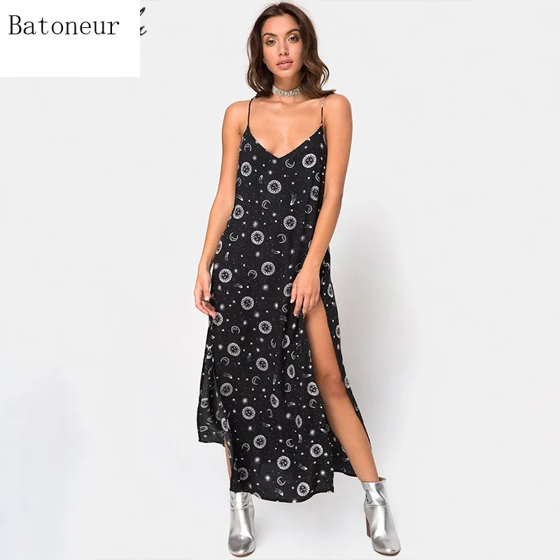 

Women Sexy V Neck Print Spaghetti Strap Black Dress Split Backless Party Bodycon Ladies A Line Long Vestidos Dresses