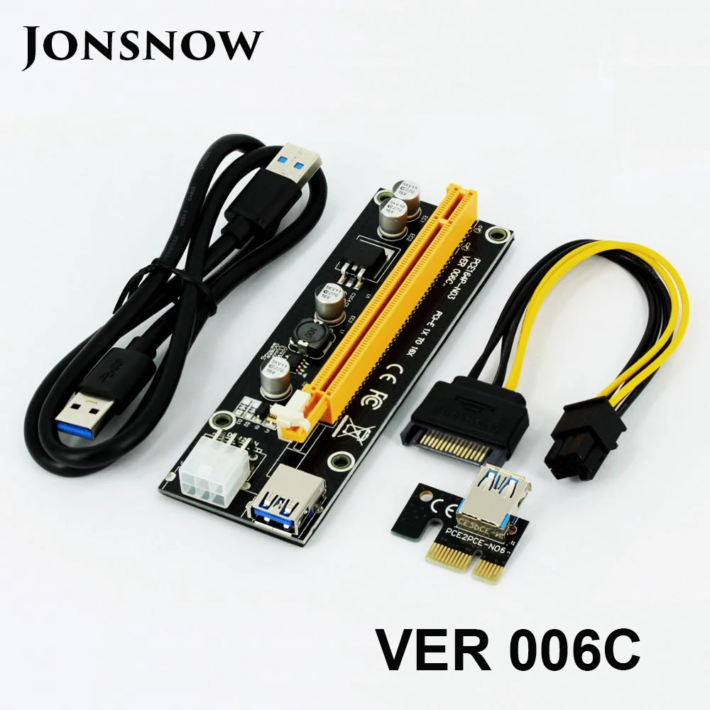 

JONSNOW 6pcs/lot 006C PCIe PCI-E PCI Express Riser Card 1x to 16x SATA to 6Pin IDE Molex Power Supply for BTC ETH Miner Machine