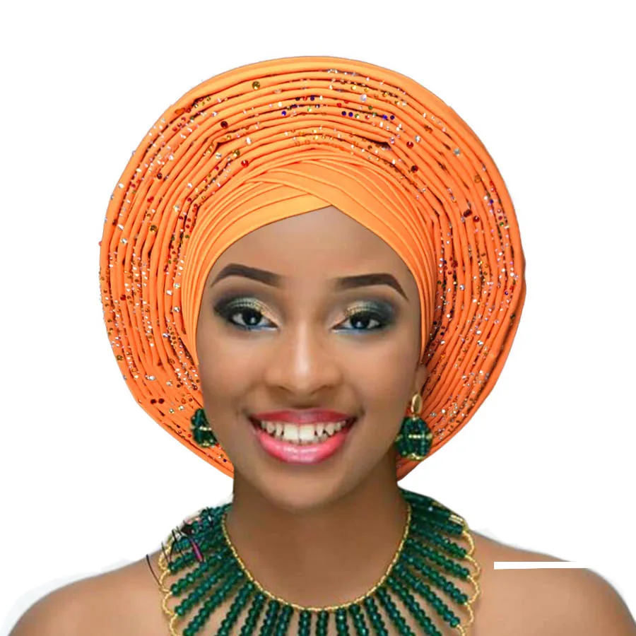 Модные африканские headtie aso oke headtie красивые Африканский тюрбан aso ebi шипованных Авто геле Африканский тюрбан оголовье - Цвет: orange