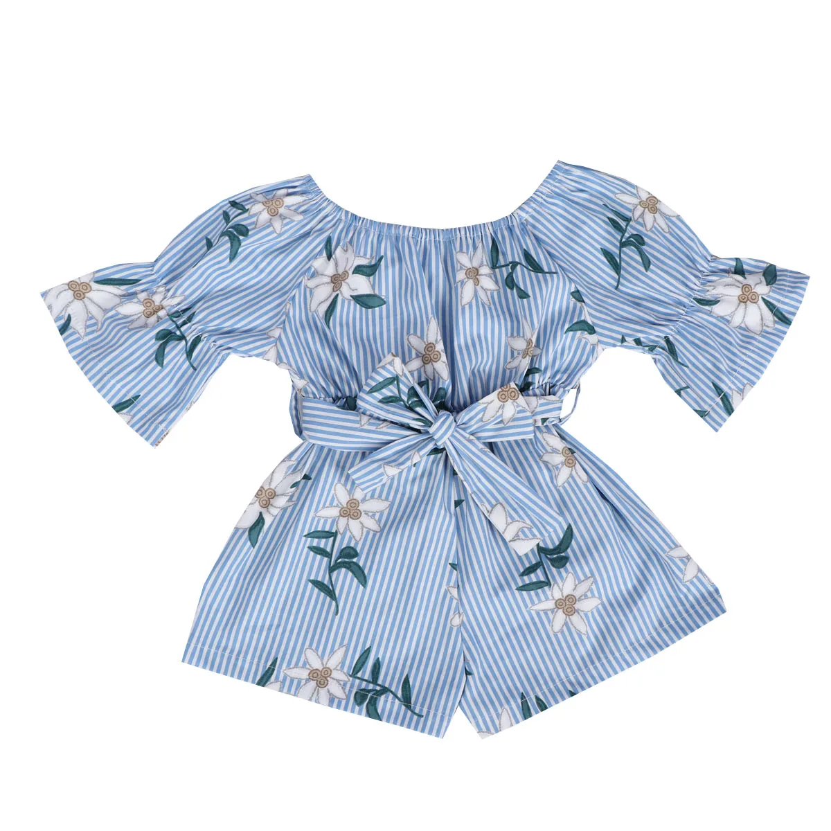 

6M-4Y Kids Baby Girl Off shoulder Flare Sleeve Striped Floral Romper Jumpsuit Playsuit Outfits Summer Clothes