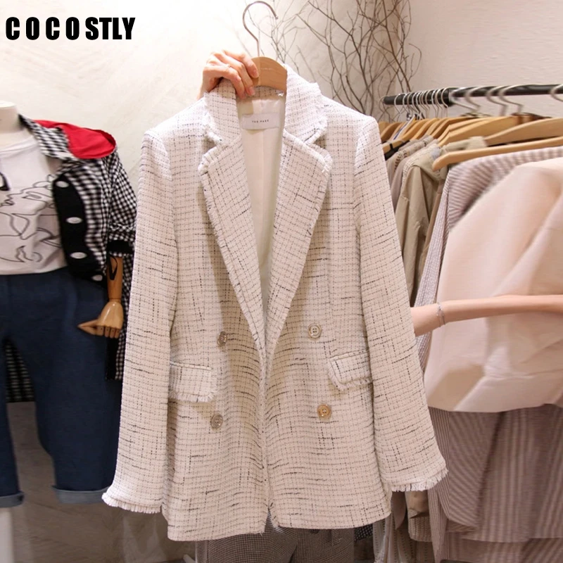 

Vintage Double Breasted Pockets Frayed Blazer Coat Women 2019 Fashion Plaid Notched Collar Ladies Outerwear Casual Casaco Femme