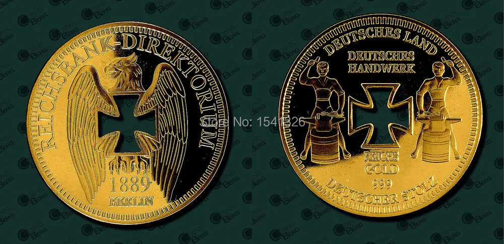 

5pcs/lot Germany 1889 eichsbank deutsches pure 999. 24k gold plated commemorative Hollow coin