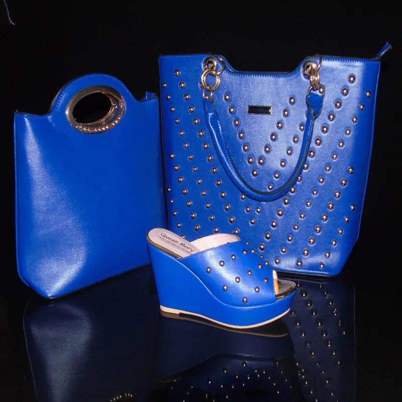 

2017 New arrival fashion Round toe Italian shoes with matching bags set for wedding African party shoes and bag set TH16-66 Blue