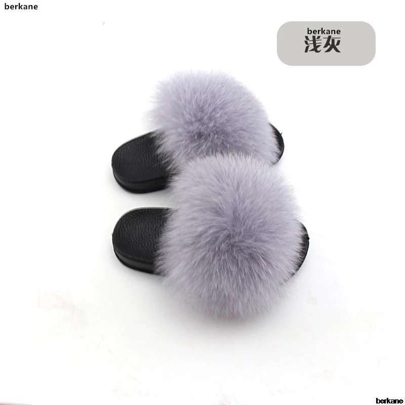 Real Fox Slippers Kids Winter Fur Child Home Slides Girl Flop Flips Raccoon Fluffy Cute Flats Beach Summer Children Boys Indoor