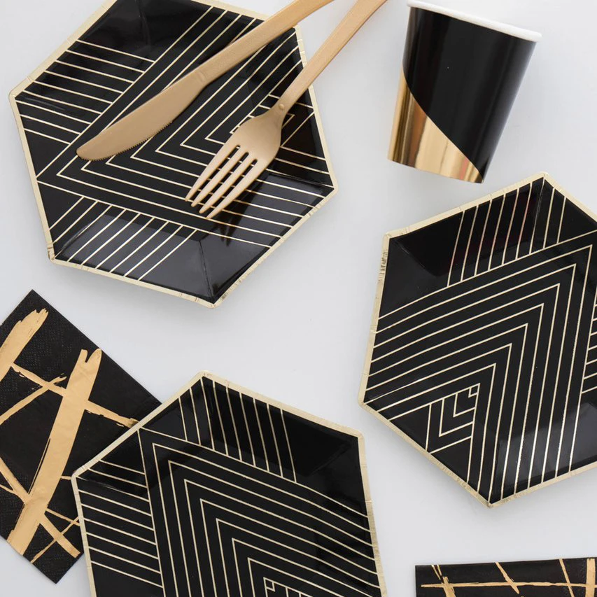 

79pcs black gold Chevron dot Disposable tableware Baby Shower Theme Festival For Kid Wedding decoration birthday party suplies