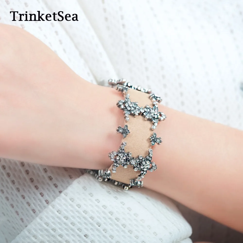 

Vintage Delicate Handmade Leather Bracelets For Women Fashion Rhinestone Jewelry Accessories Charm Band Bracelet