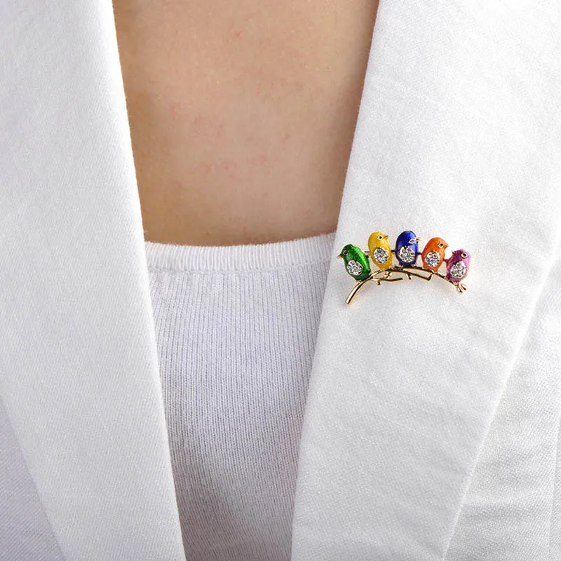 Blucome Vivid Colorful Enamel 5 Birds Brooches For Women Kids Gold Color Crystals Broches Scarf Dress Suit Shoulder Hat Brooches